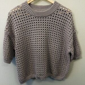 DR2 Open Knit Cropped Sweater Short Sleeve Beige Brown Resort Boho Cruise Size L